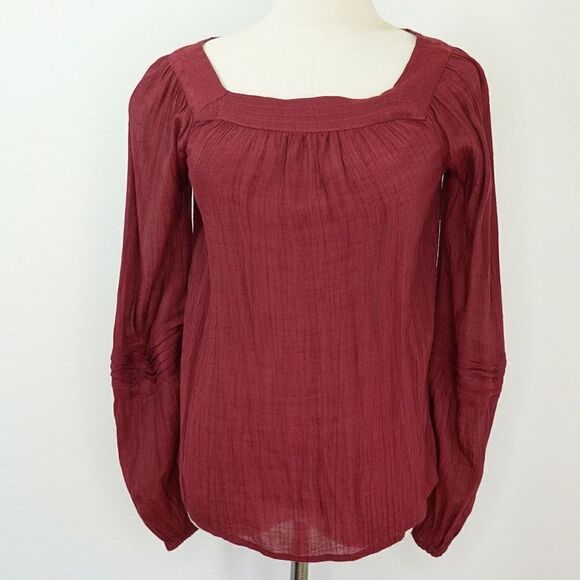 LC Lauren Conrad Long Sleeve Semi Sheer Peasant Top Burgundy Size XS - Picture 1 of 11